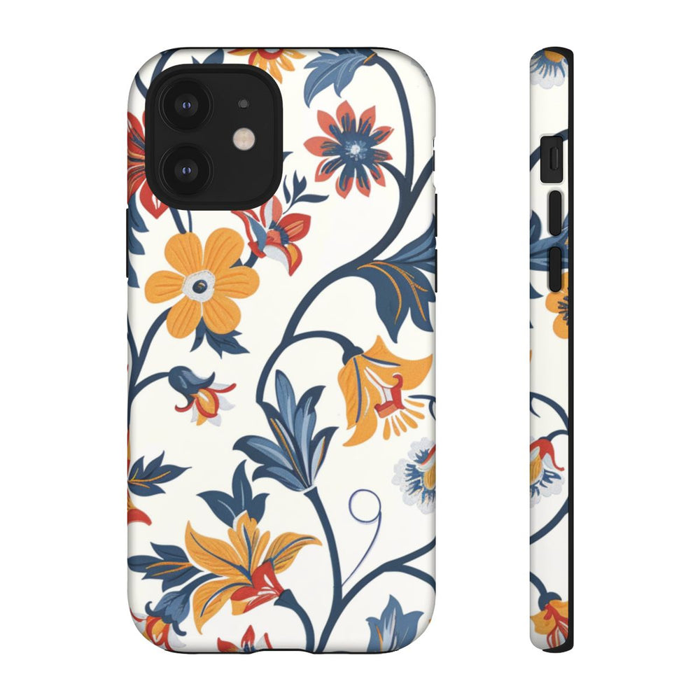 Retro Bloemenpatroon in Blauw, Rood en Geel