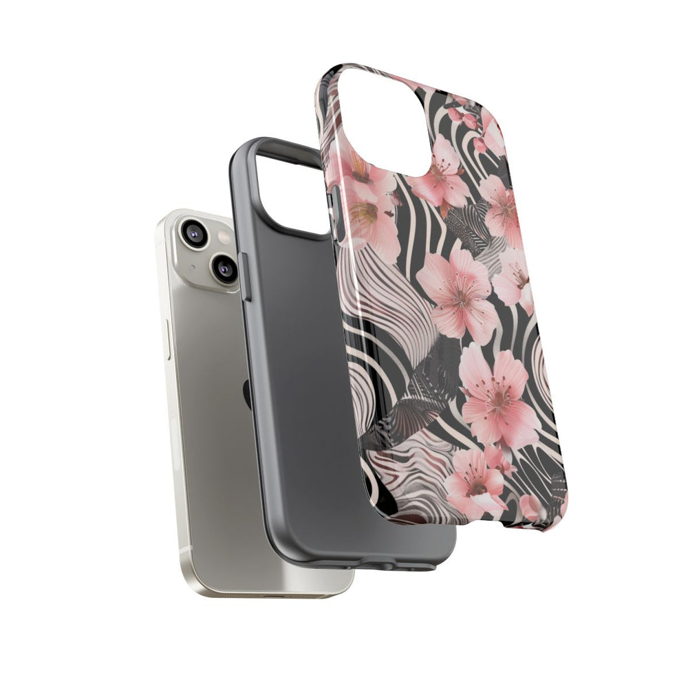 Roze Kersenbloesems met Zwart-Wit Abstract Patroon