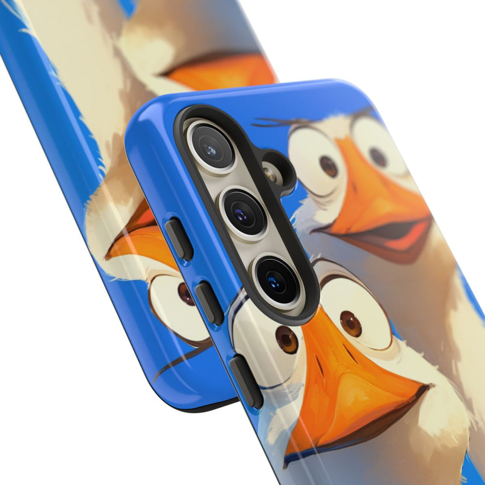 Twee Grappige Ganzen met Grote Ogen op Blauwe Achtergrond