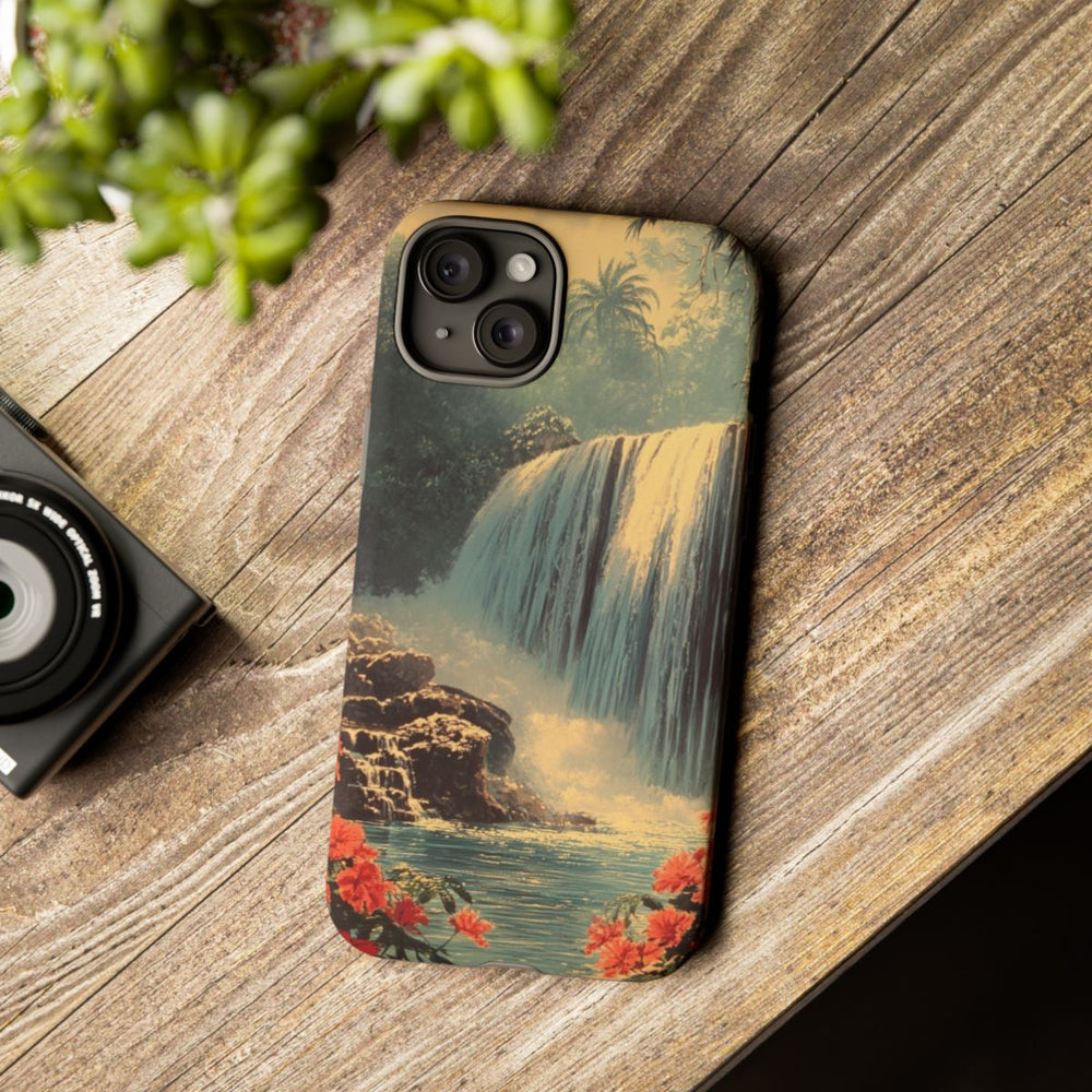 Tropische Waterval met Rode Bloemen