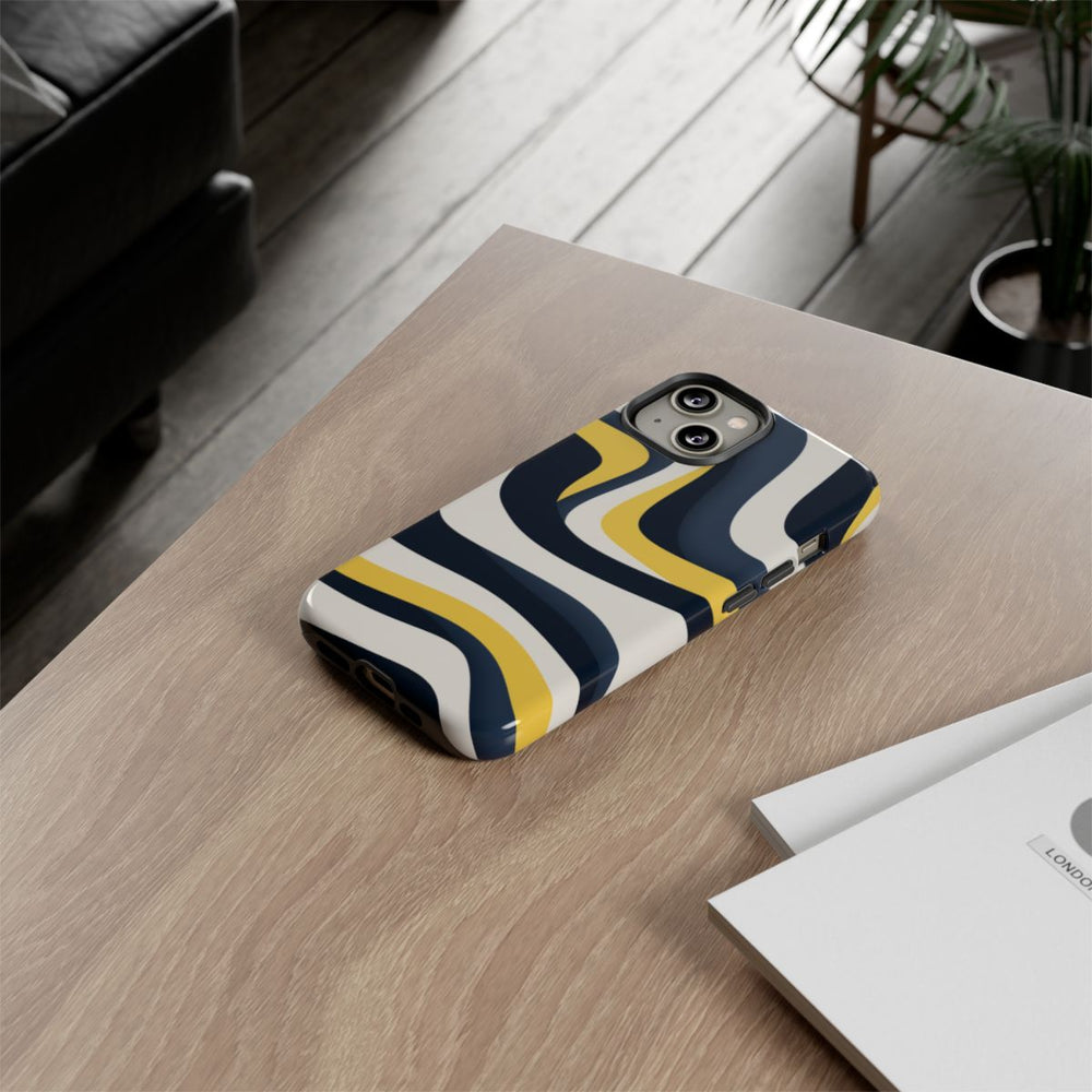 Abstracte Golvende Lijnen in Donkerblauw en Geel