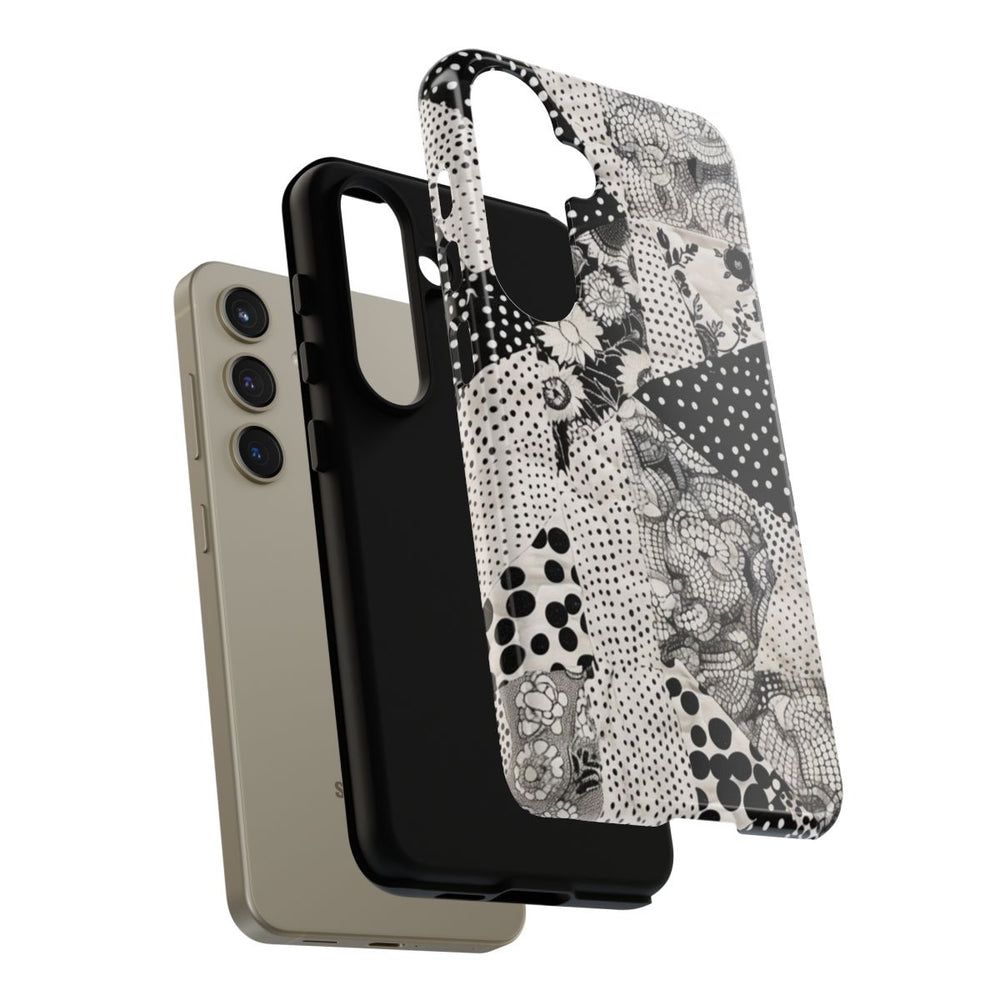 Zwart-Wit Patchwork met Bloemen en Stippen