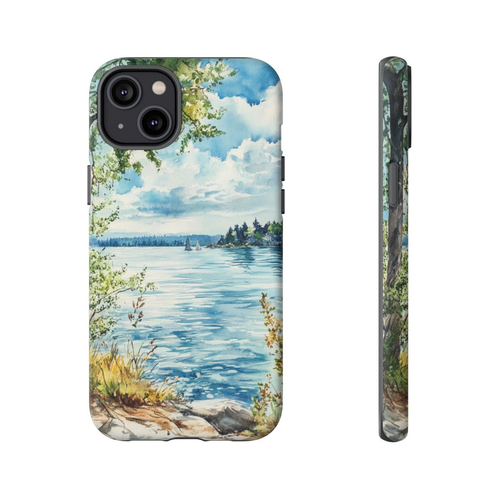 Aquarel Landschap met Meer, Bomen en Zeilboten