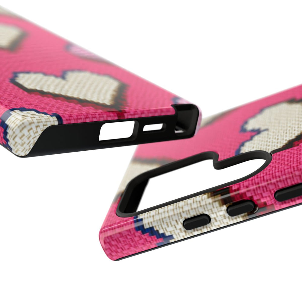 Pixelachtige Witte en Roze Hartjes op Glanzende Achtergrond