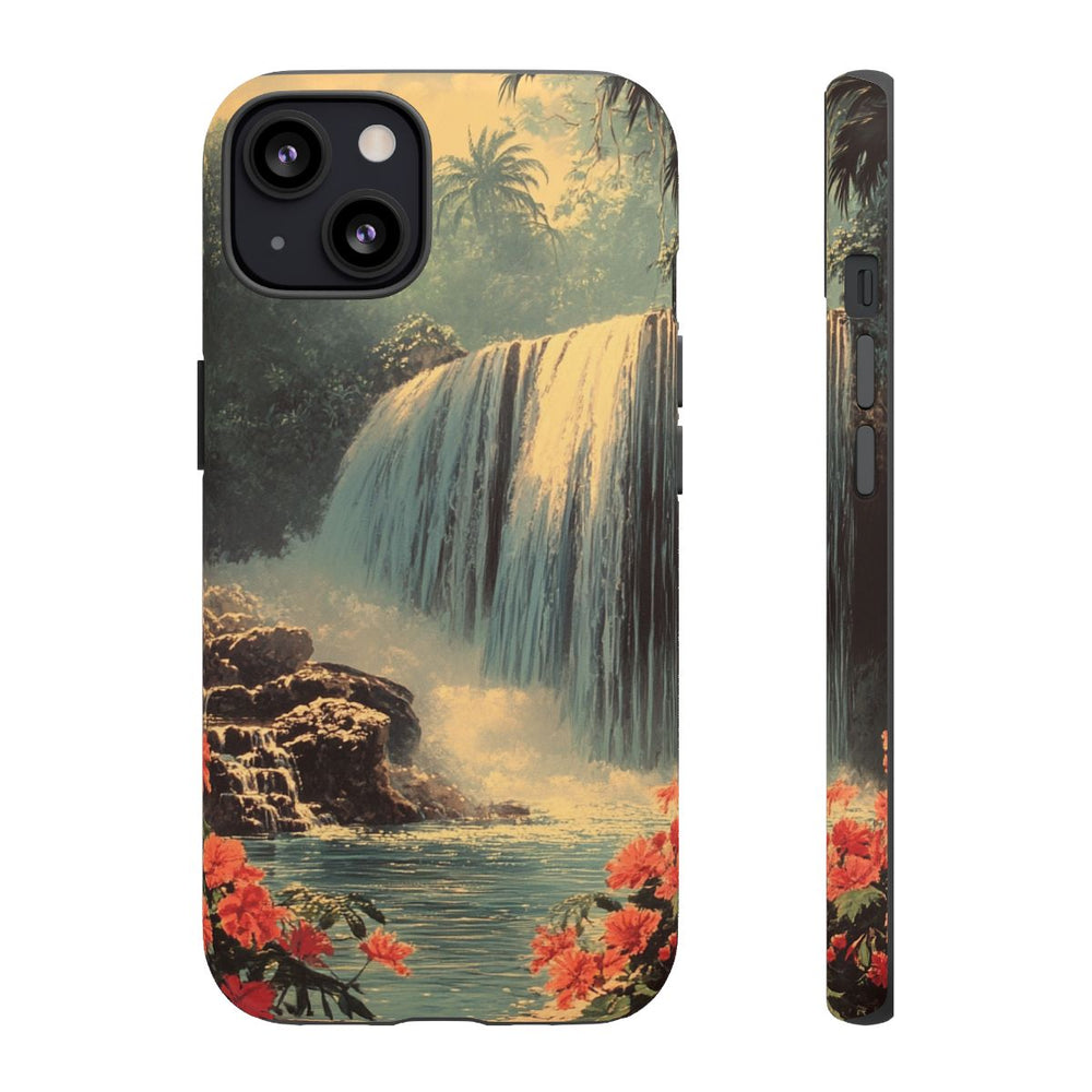 Tropische Waterval met Rode Bloemen