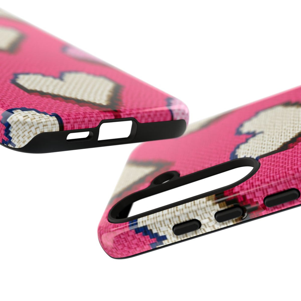 Pixelachtige Witte en Roze Hartjes op Glanzende Achtergrond