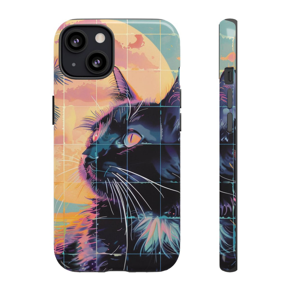 Lofi Vaporwave Kat met Zonsondergang en Palmen