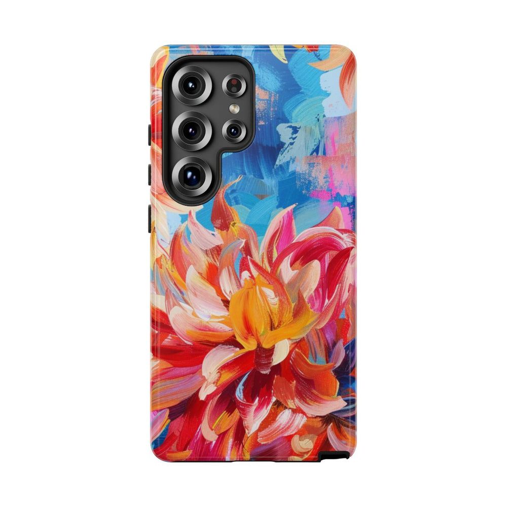 Levendige Dahlia Bloemen op Blauwe Abstracte Achtergrond