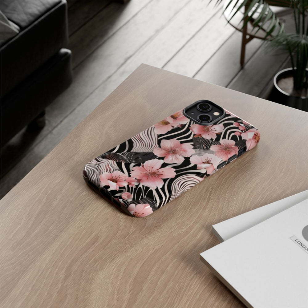 Roze Kersenbloesems met Zwart-Wit Abstract Patroon