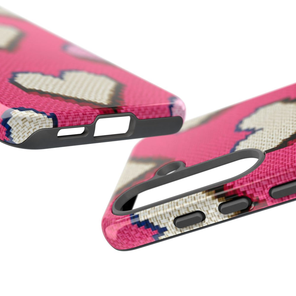 Pixelachtige Witte en Roze Hartjes op Glanzende Achtergrond