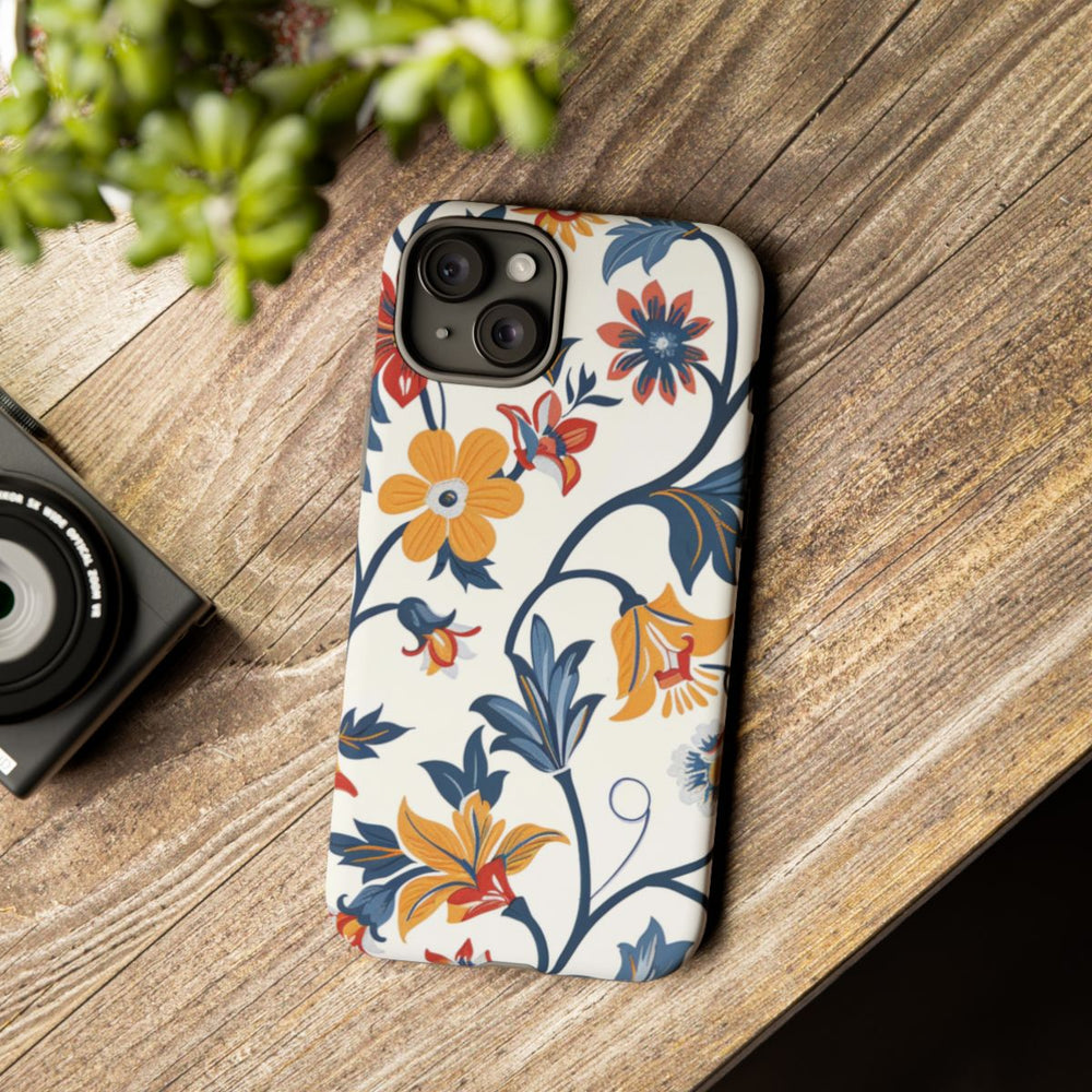 Retro Bloemenpatroon in Blauw, Rood en Geel