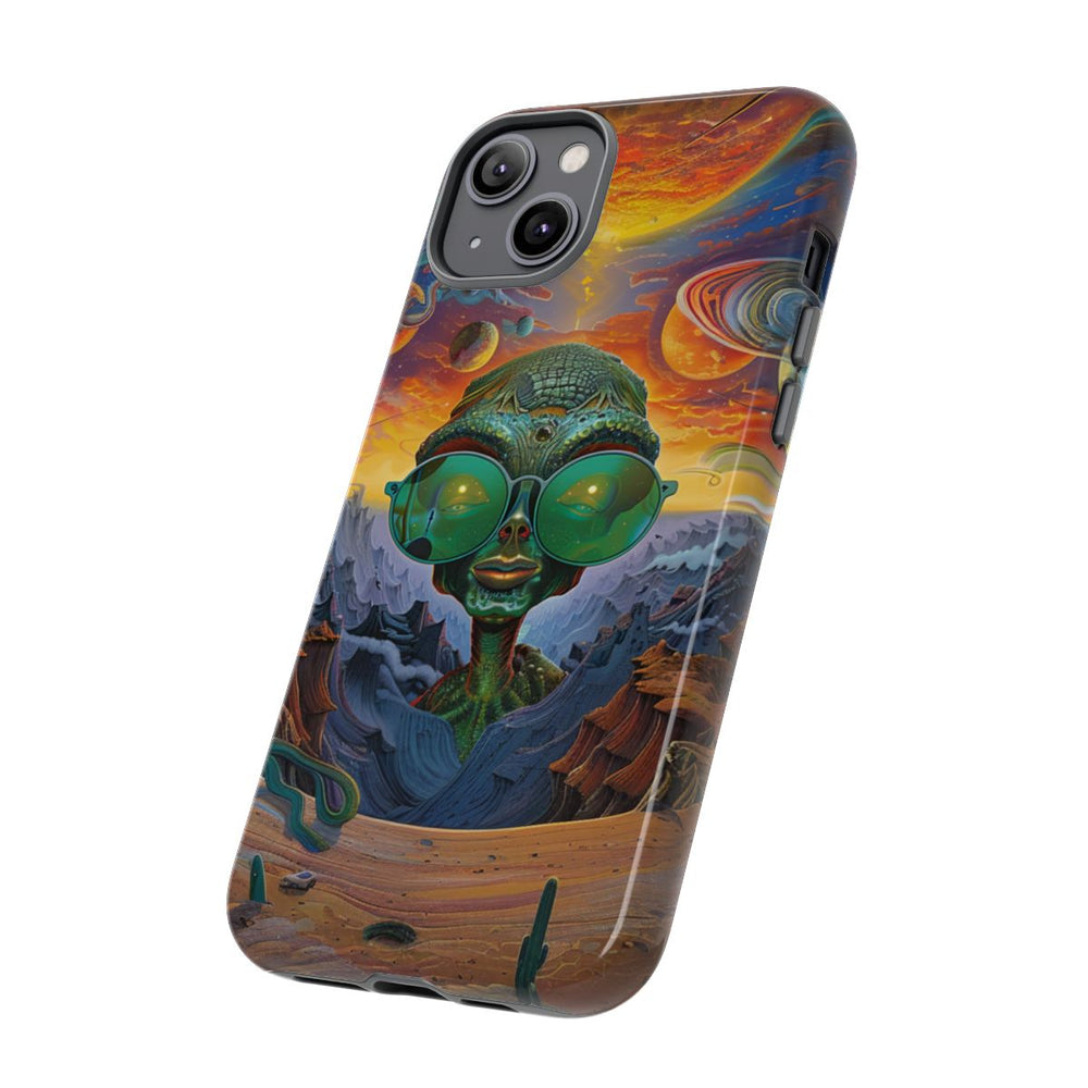 Groene Alien met Zonnebril in Psychedelisch Ruimtelandschap