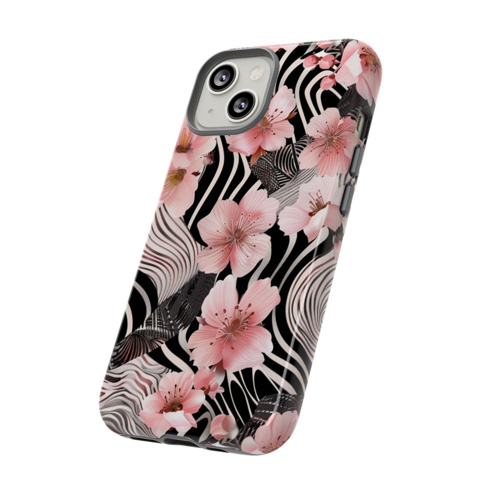 Roze Kersenbloesems met Zwart-Wit Abstract Patroon