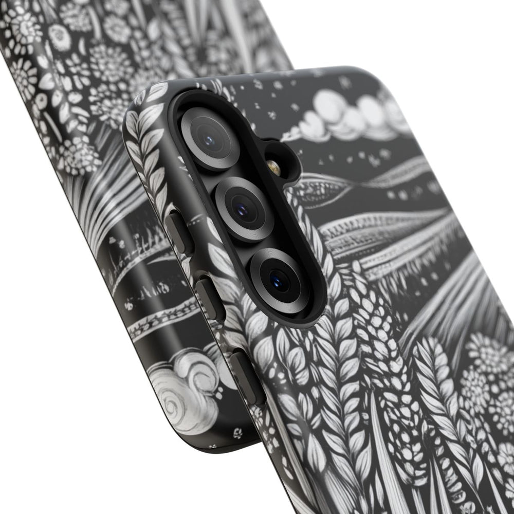 Zwart-Wit Folklore Landschap met Tarwe en Bloemen