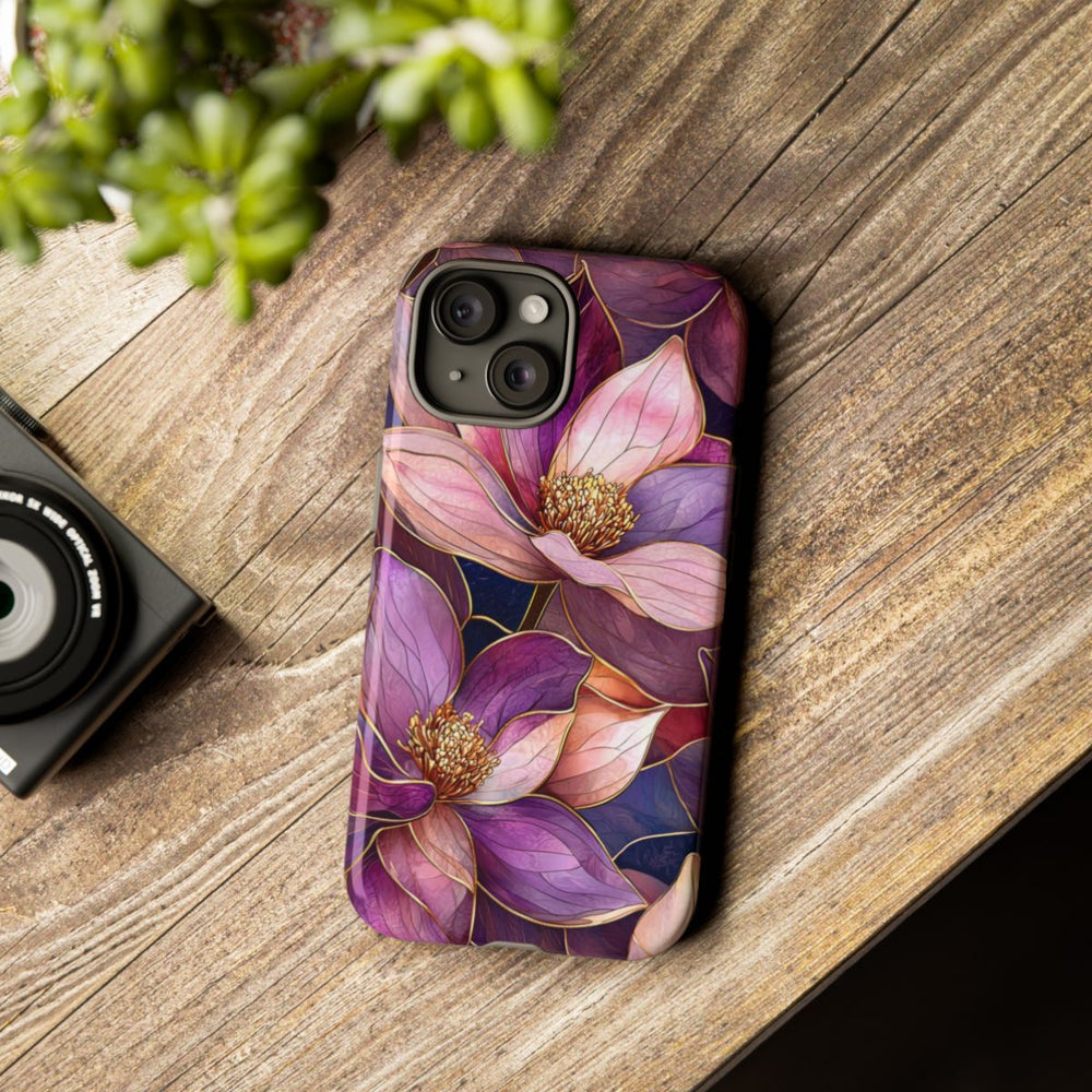 Paarse Magnolia Bloemen in Glas-in-lood