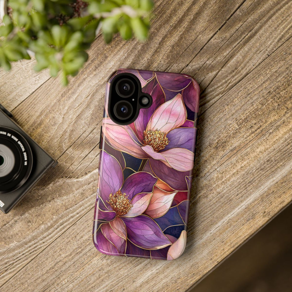 Paarse Magnolia Bloemen in Glas-in-lood