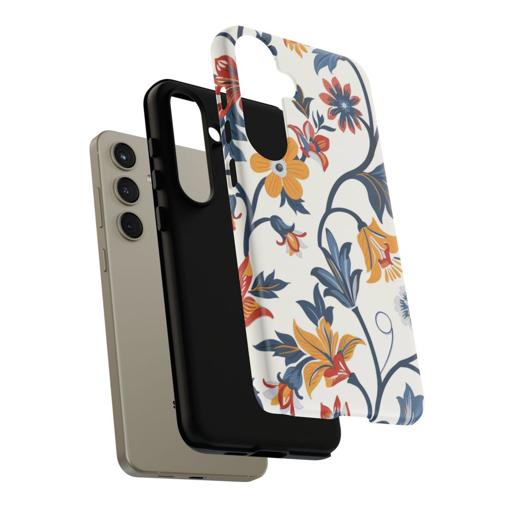 Retro Bloemenpatroon in Blauw, Rood en Geel