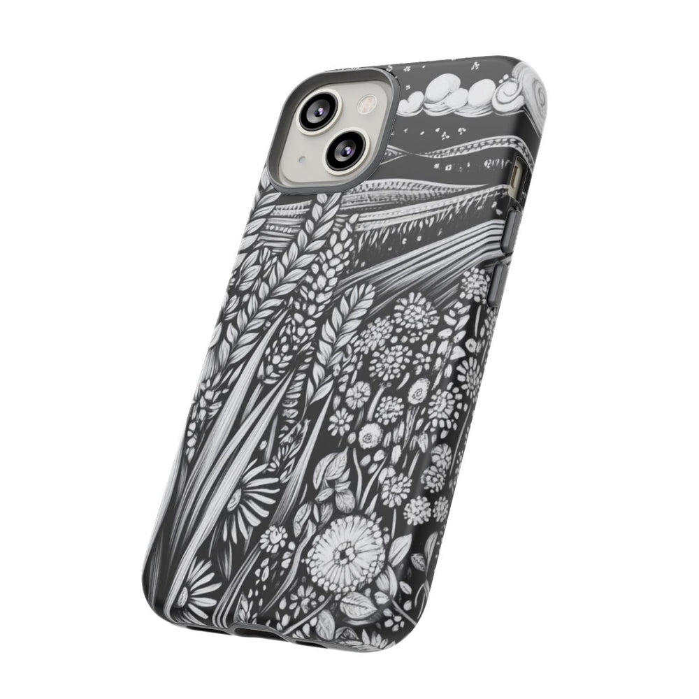 Zwart-Wit Folklore Landschap met Tarwe en Bloemen
