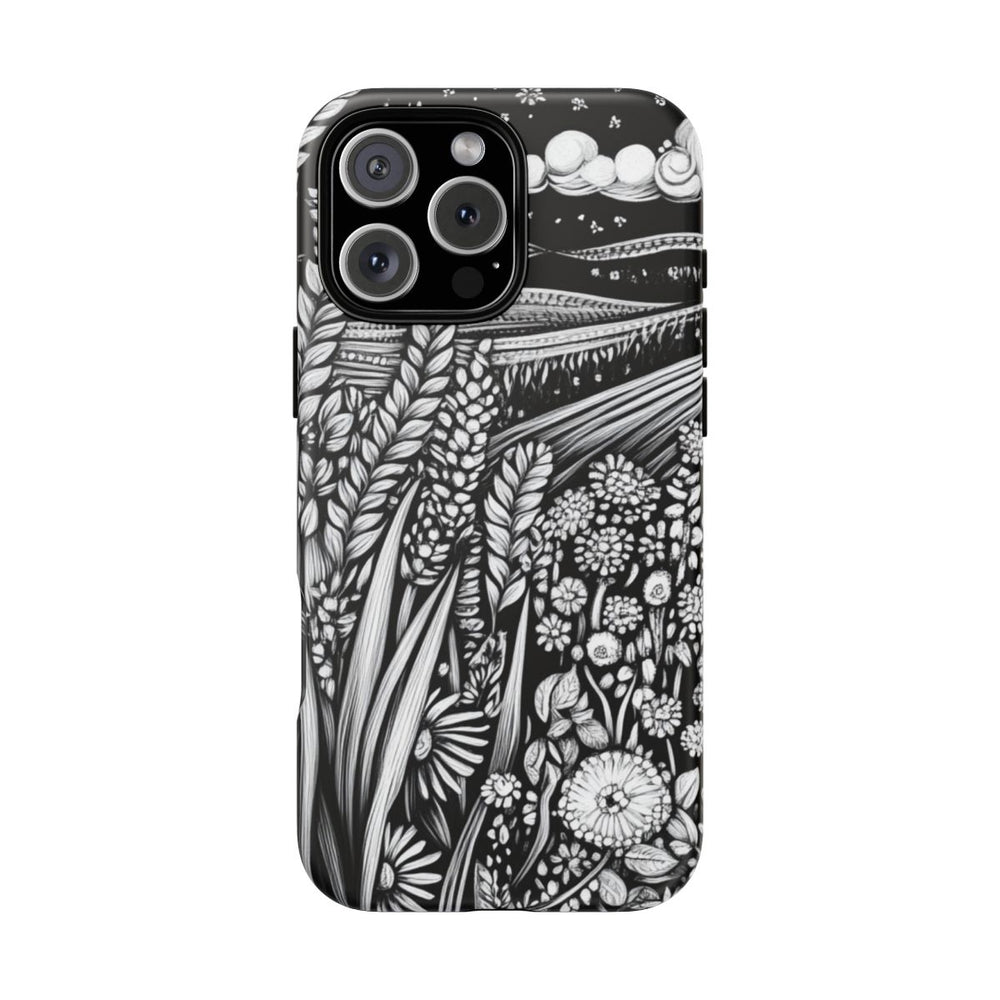 Zwart-Wit Folklore Stijl Tarwe en Bloemenlandschap