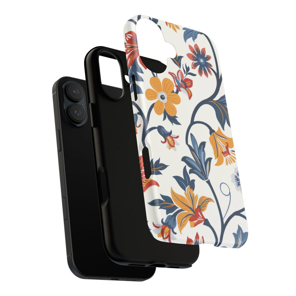 Retro Bloemenpatroon in Blauw, Rood en Geel