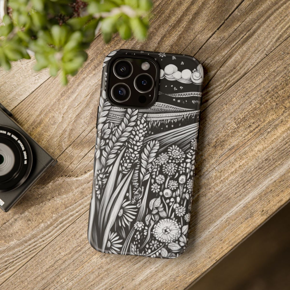 Zwart-Wit Folklore Stijl Tarwe en Bloemenlandschap