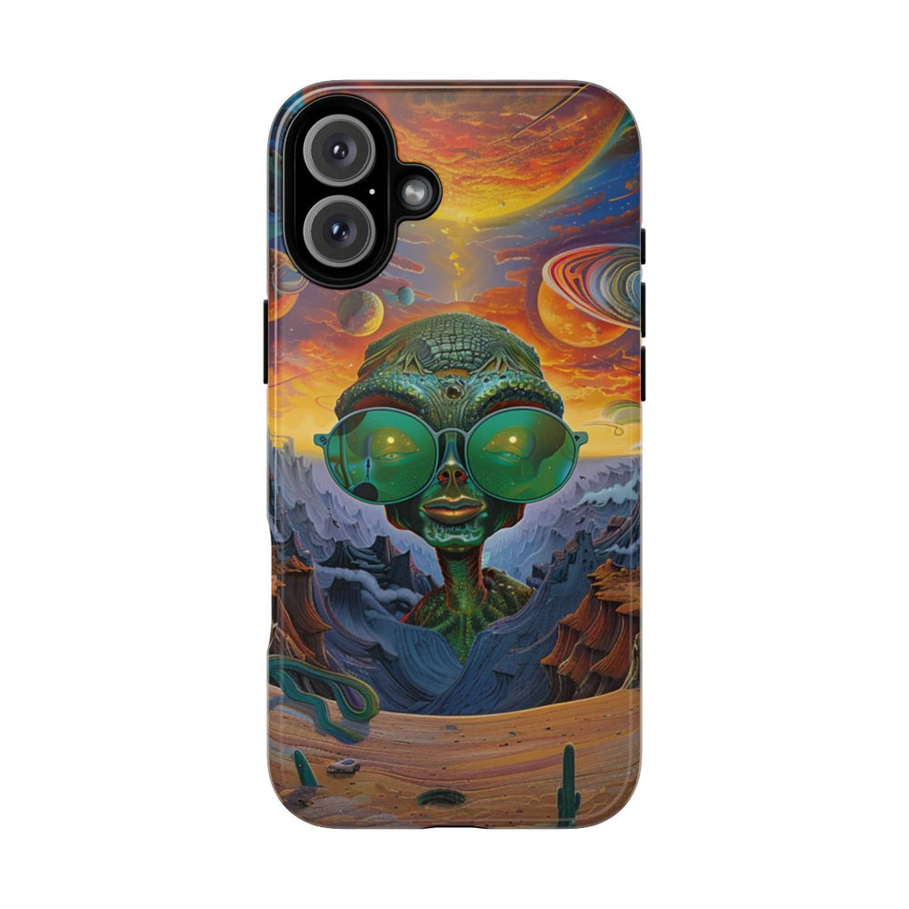 Groene Alien met Zonnebril in Psychedelisch Ruimtelandschap