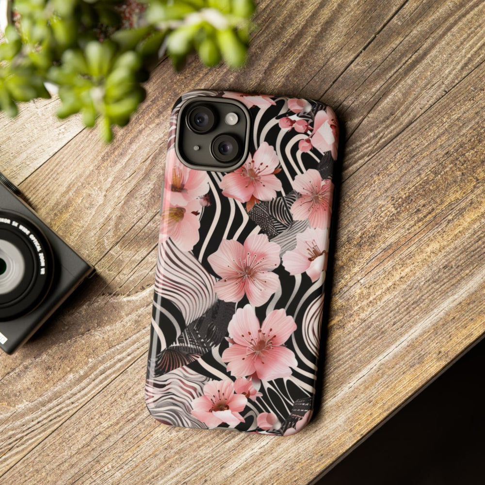 Roze Kersenbloesems met Zwart-Wit Abstract Patroon