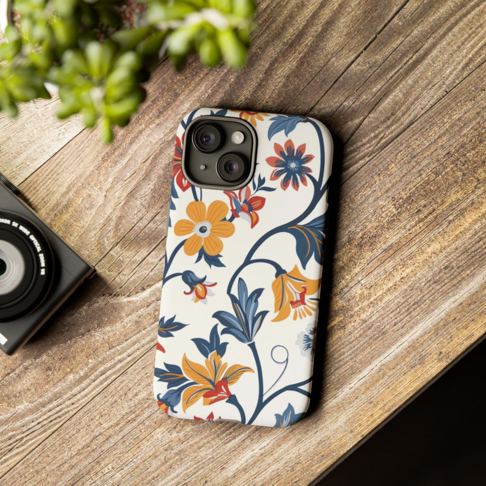 Retro Bloemenpatroon in Blauw, Rood en Geel