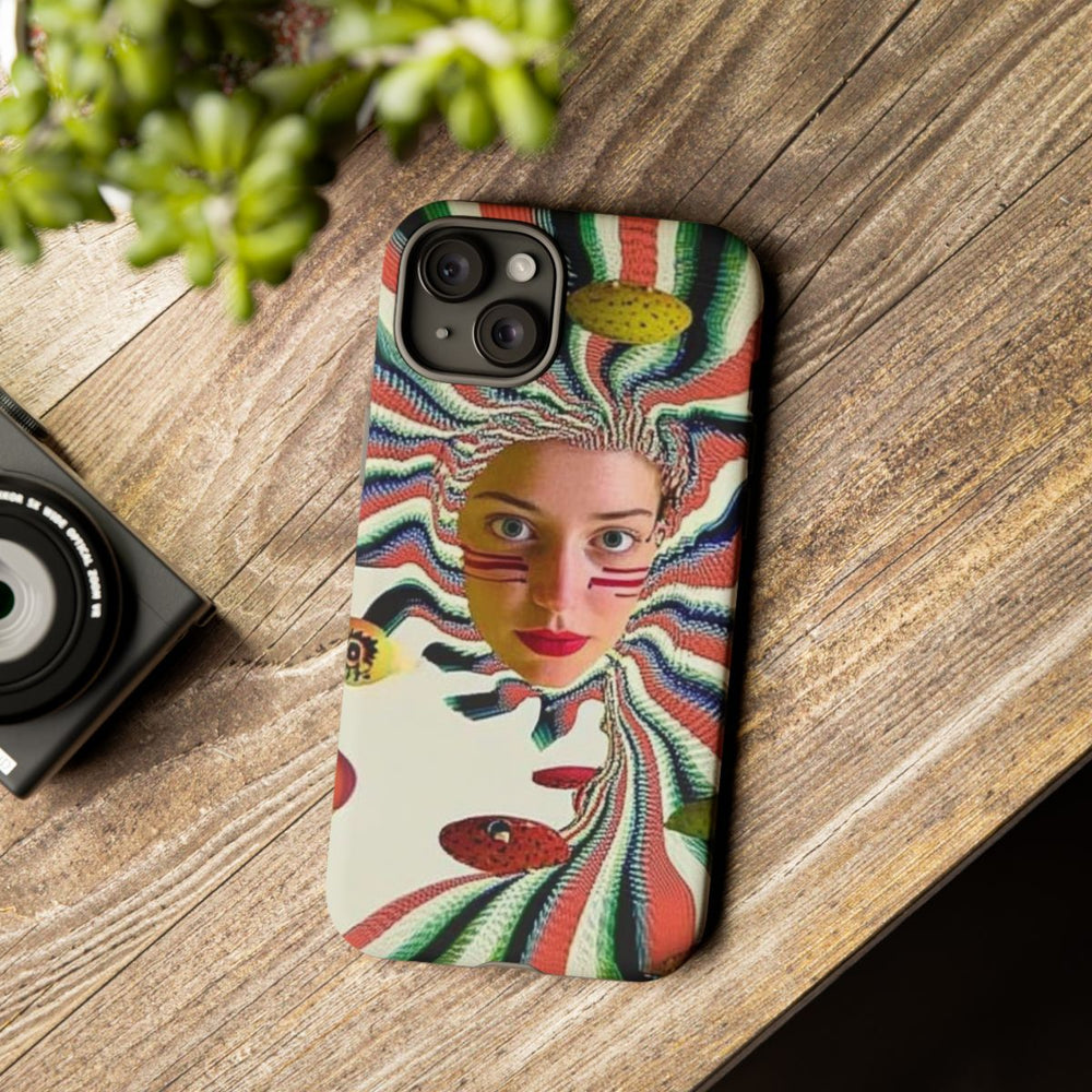 Surrealistisch Vrouwenportret met Kleurrijke Strepen en Zwevende Vormen