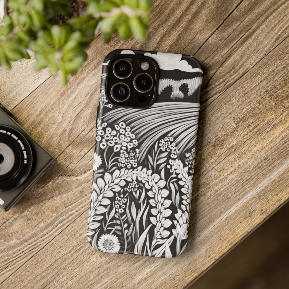 Zwart-Wit Folklore Landschap met Bloemen