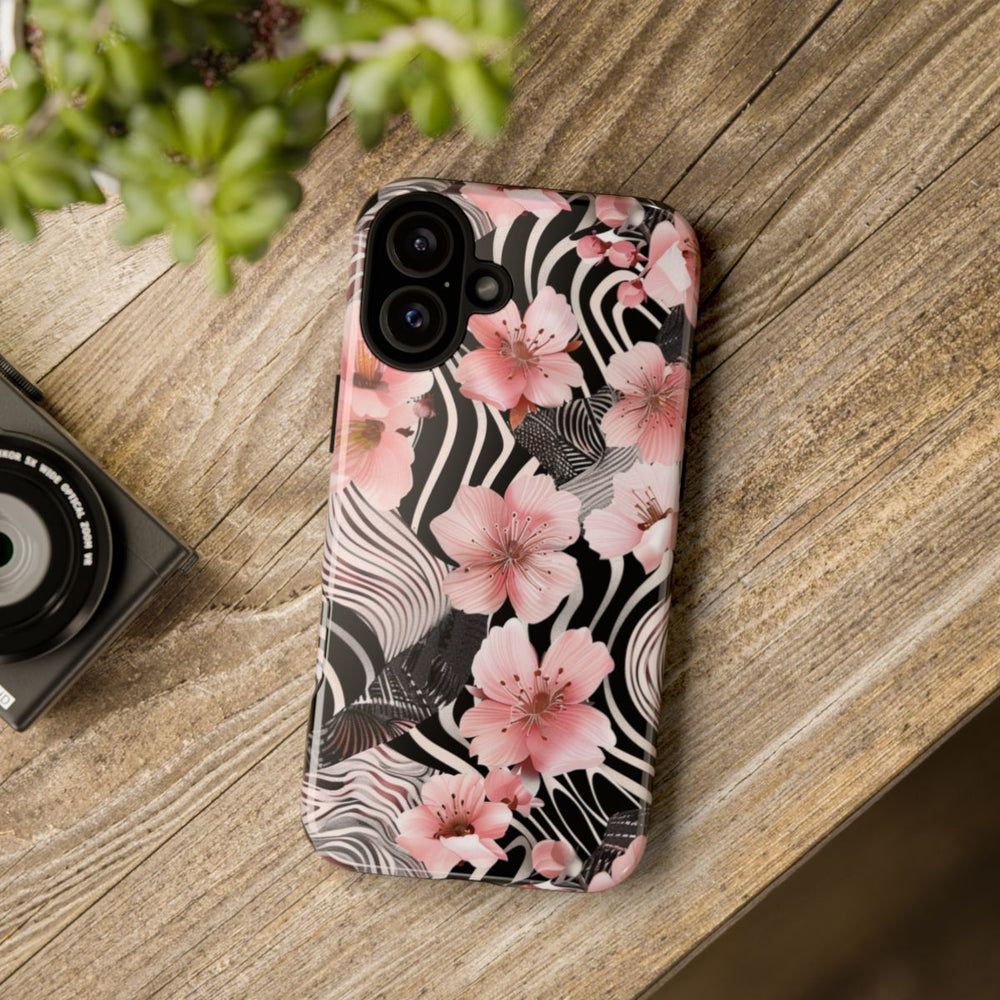 Roze Kersenbloesems met Zwart-Wit Abstract Patroon