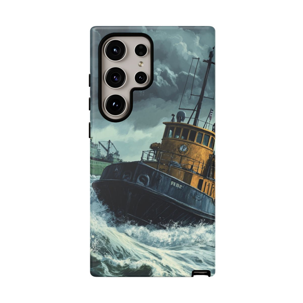 Sleepboot met Vrachtschip in Stormachtige Zee