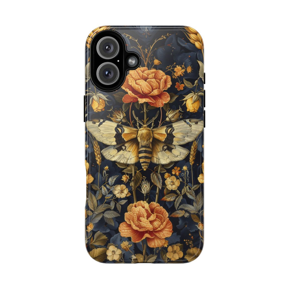 Gouden Bloemen en Mottenpatroon op Donkerblauw