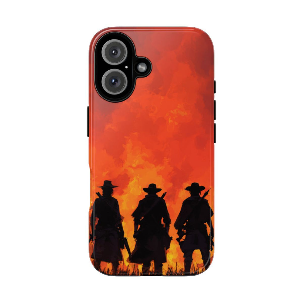 Silhouetten van Drie Cowboys Tegen Vurige Zonsondergang