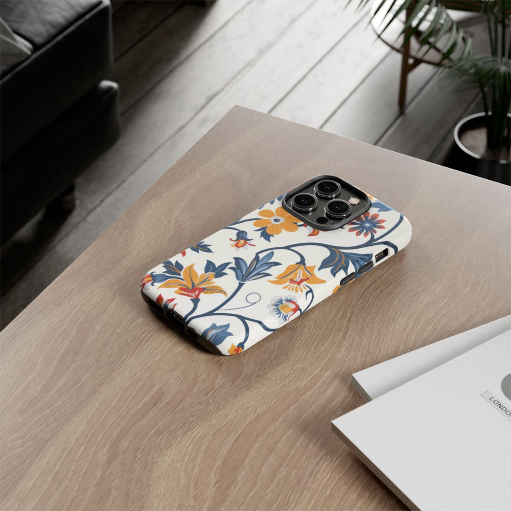 Retro Bloemenpatroon in Blauw, Rood en Geel
