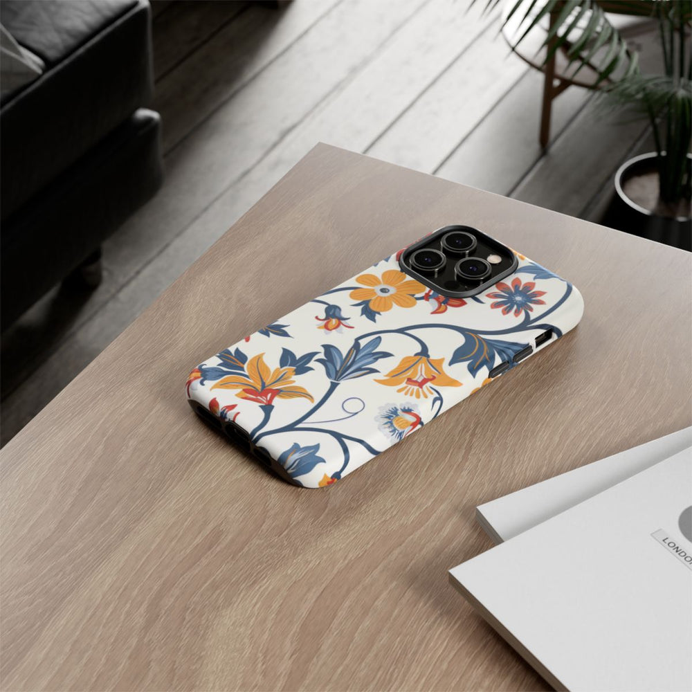 Retro Bloemenpatroon in Blauw, Rood en Geel