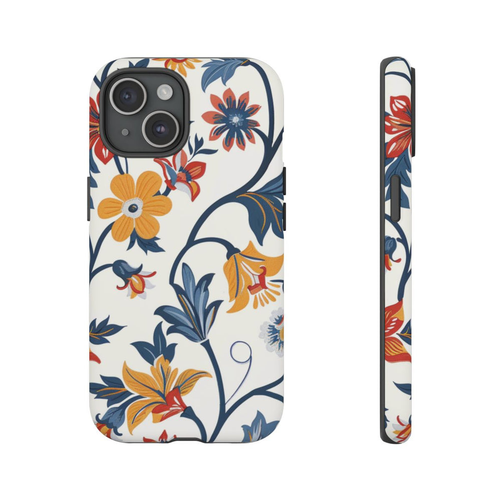 Retro Bloemenpatroon in Blauw, Rood en Geel