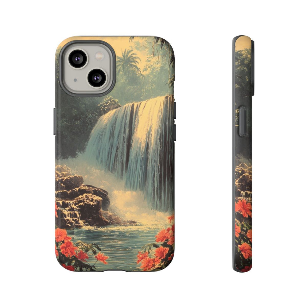 Tropische Waterval met Rode Bloemen