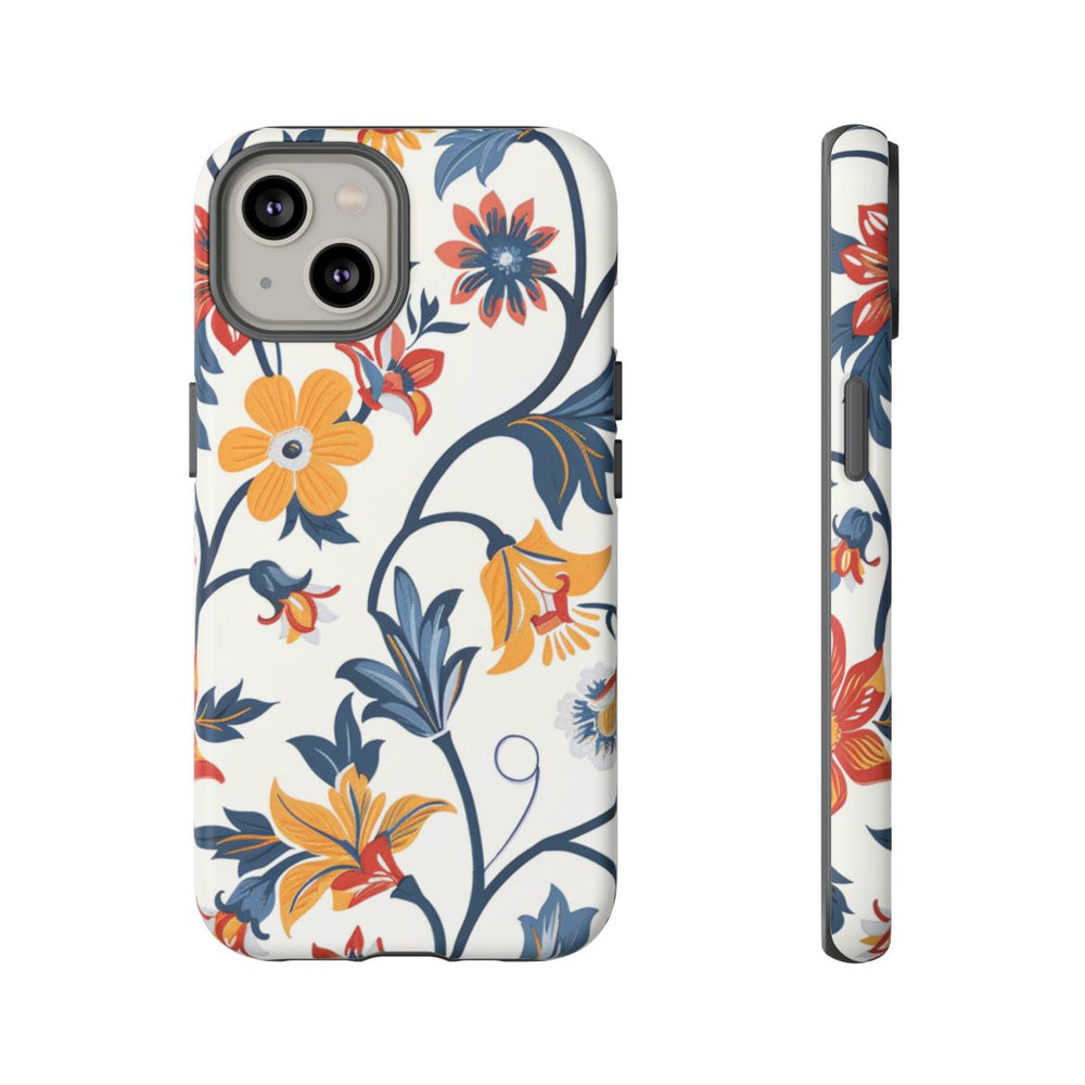 Retro Bloemenpatroon in Blauw, Rood en Geel