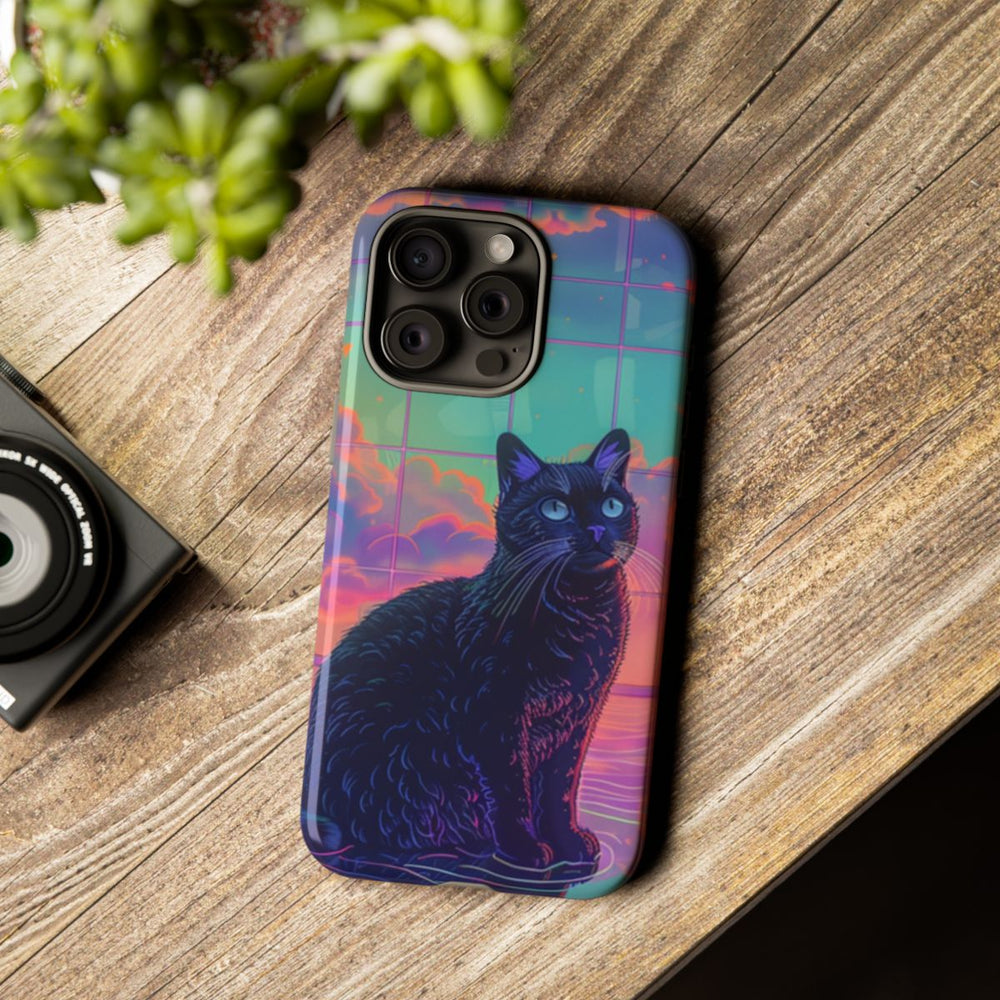 Zwarte Kat met Neonlucht Reflectie