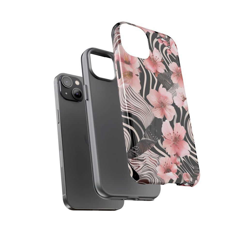 Roze Kersenbloesems met Zwart-Wit Abstract Patroon