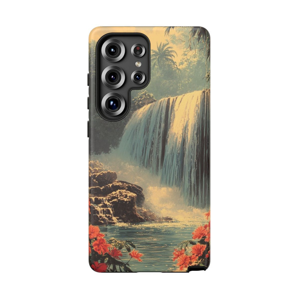 Tropische Waterval met Rode Bloemen