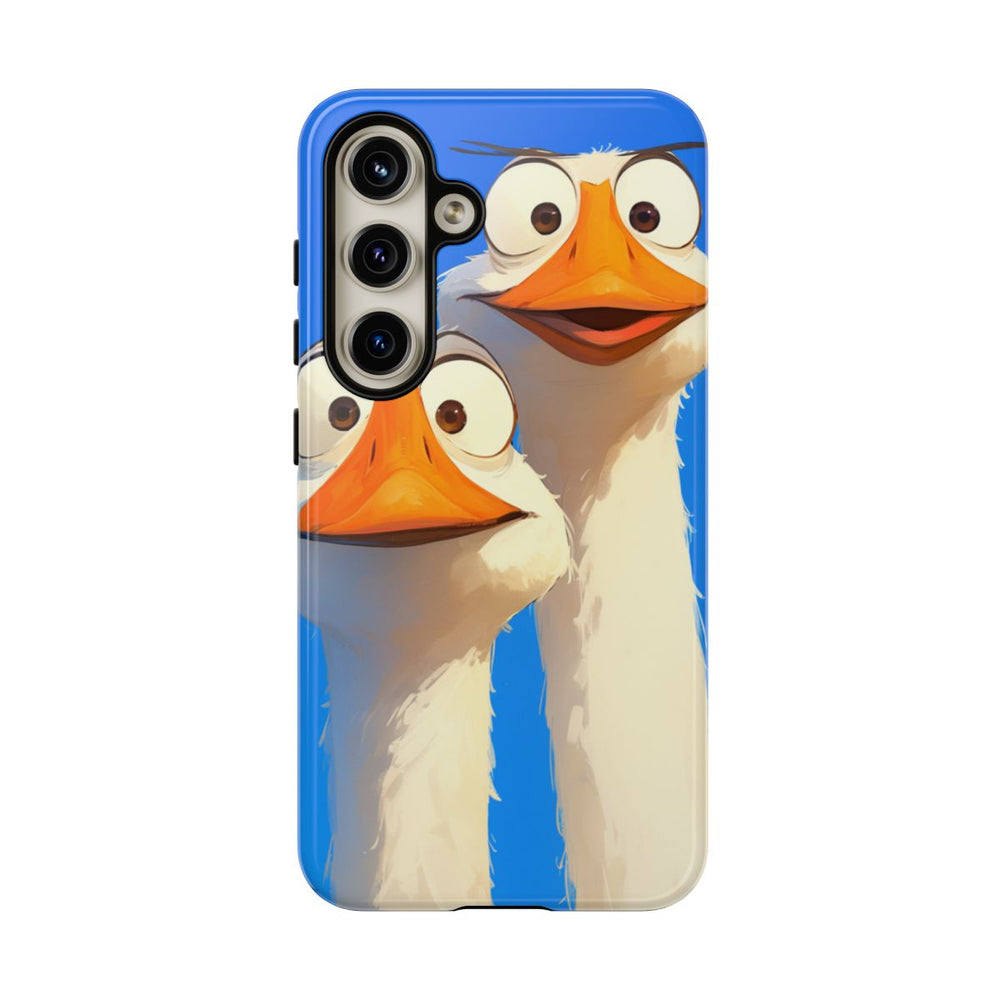 Twee Grappige Ganzen met Grote Ogen op Blauwe Achtergrond