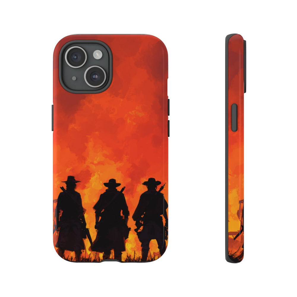 Silhouetten van Drie Cowboys bij Vurige Zonsondergang