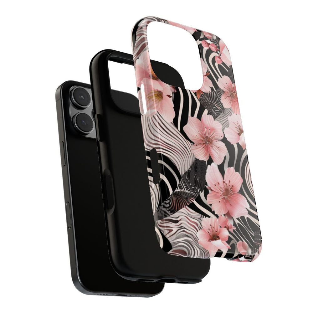 Roze Kersenbloesems met Zwart-Wit Abstract Patroon