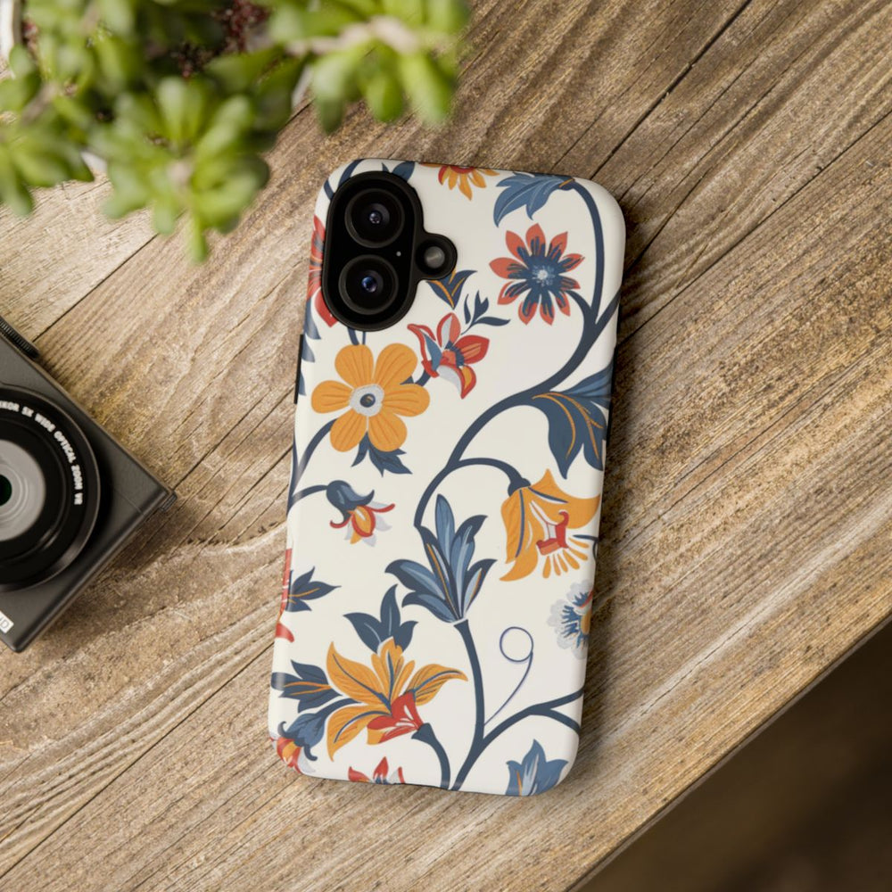 Retro Bloemenpatroon in Blauw, Rood en Geel