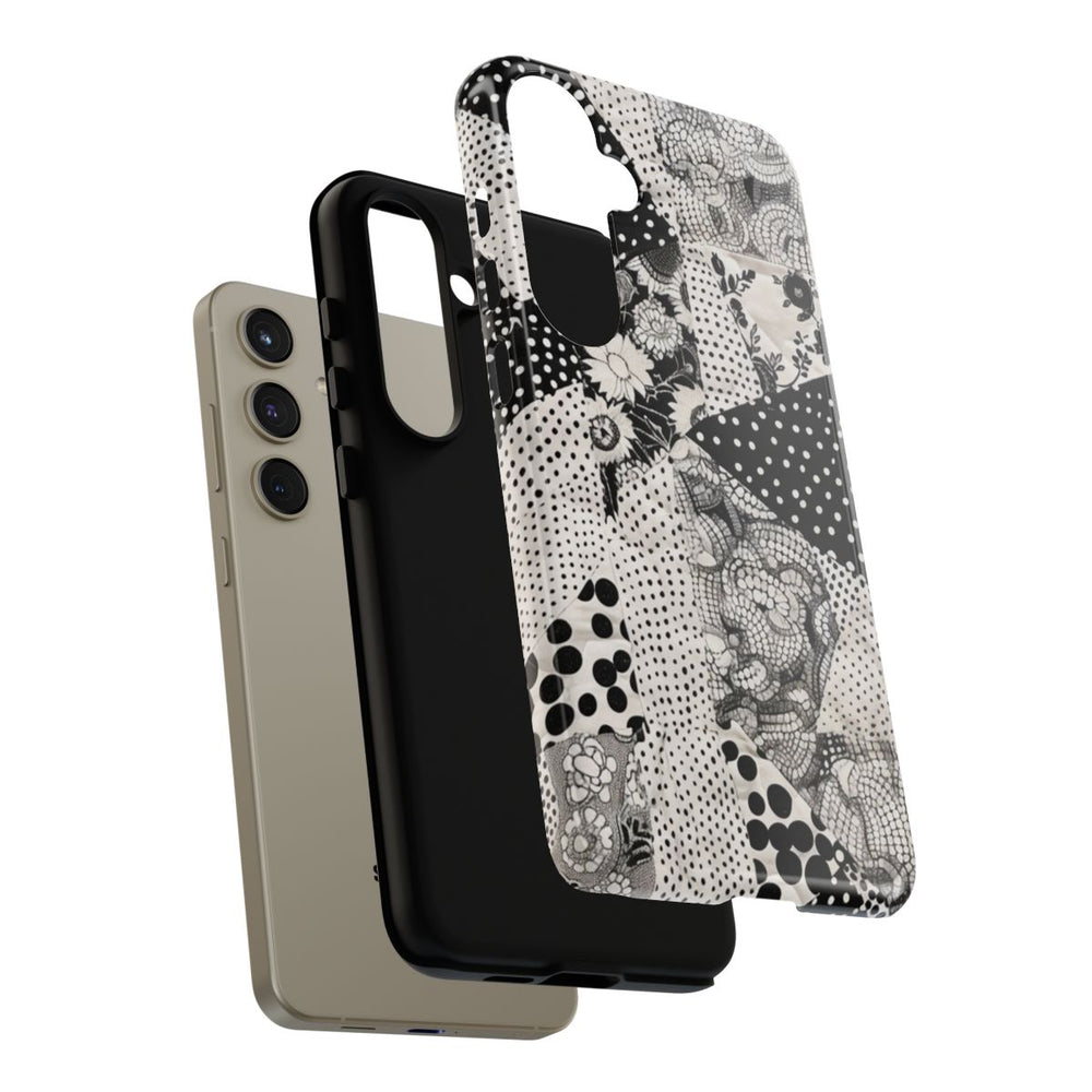 Zwart-Wit Patchwork met Bloemen en Stippen