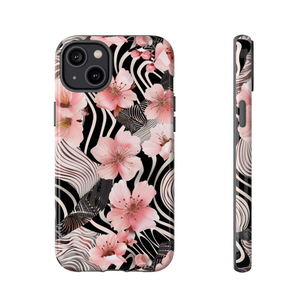 Roze Kersenbloesems met Zwart-Wit Abstract Patroon