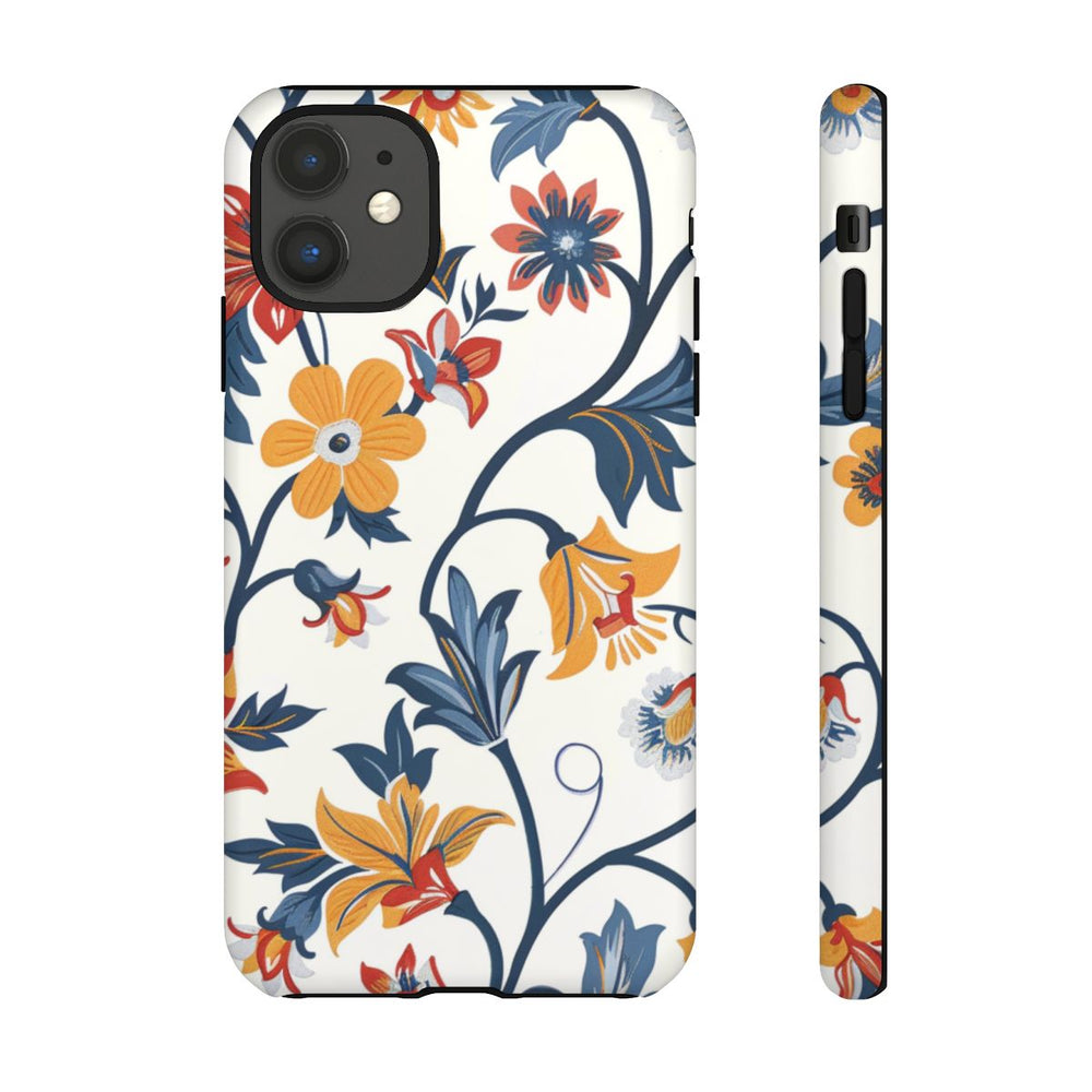 Retro Bloemenpatroon in Blauw, Rood en Geel