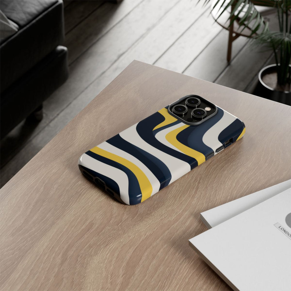 Abstracte Golvende Lijnen in Donkerblauw en Geel